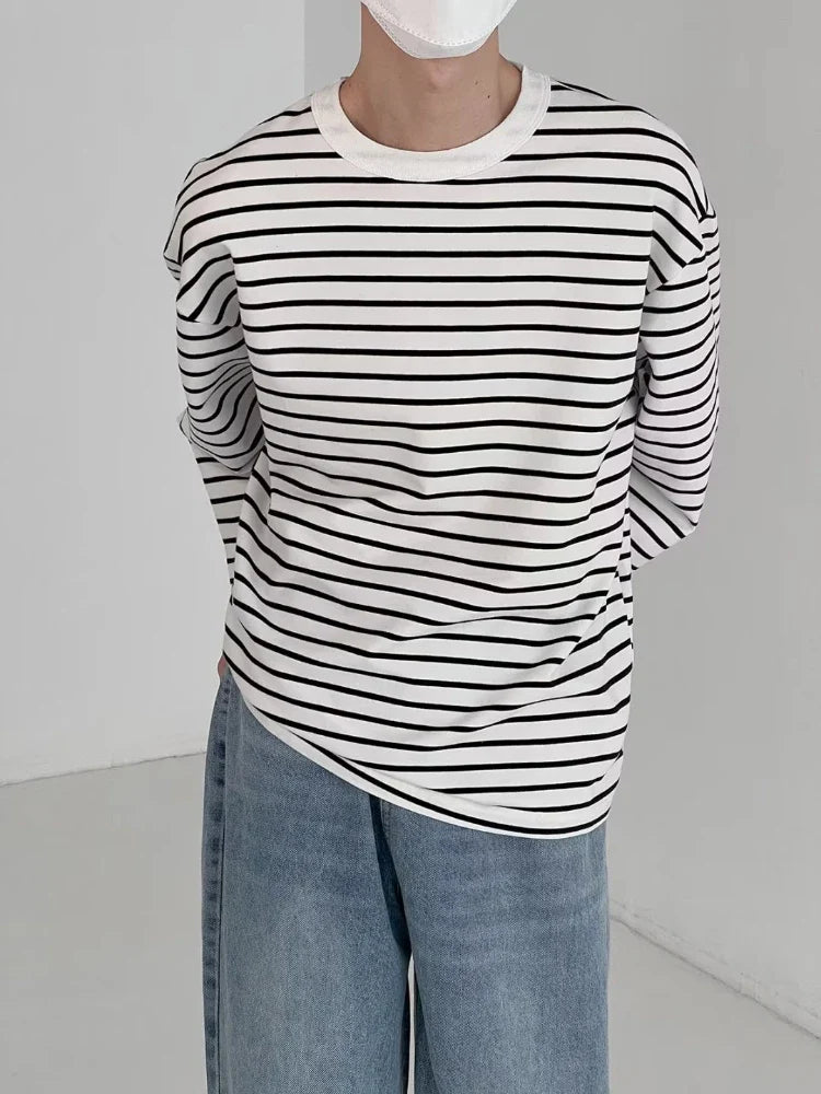 Striped T-shirts Men Long Sleeve Baggy Korean Style Srteetwear Fashion All-match Contrast Color Temperament Tops Daily Leisure