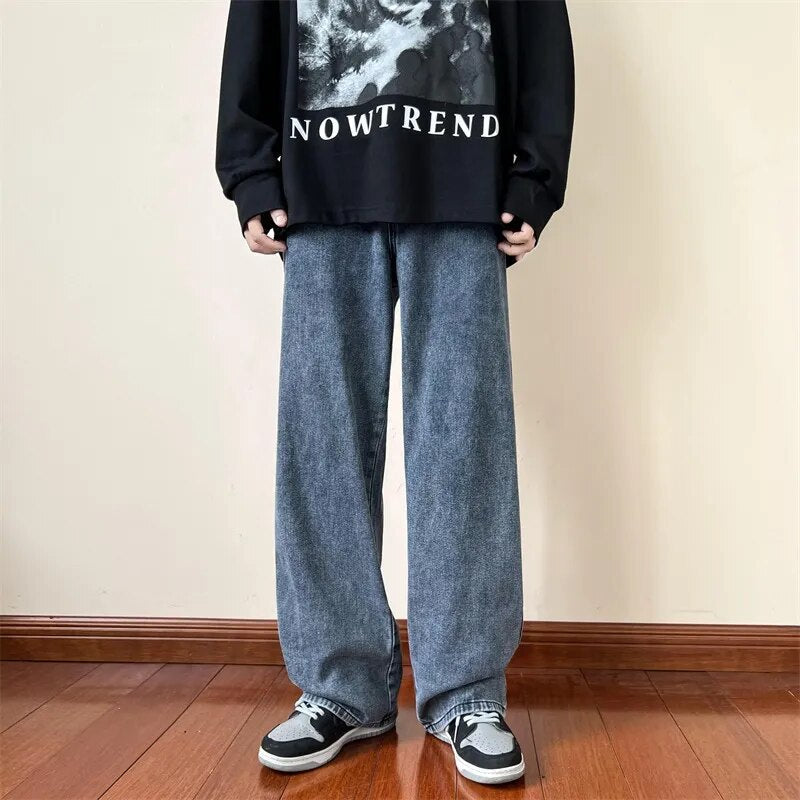 Men's Trendy Brand Loose Straight Leg Denim Pants Hip Hop Solid Color Casual Trousers Harajuku Male Bottoms