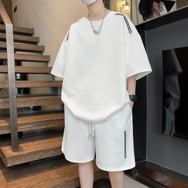 saferido Oversized Tracksuit Men New Korean High Street Fashion Zipper Design T-shirt Shorts Two Pieces Sets Mens Streetwear Men Clothes