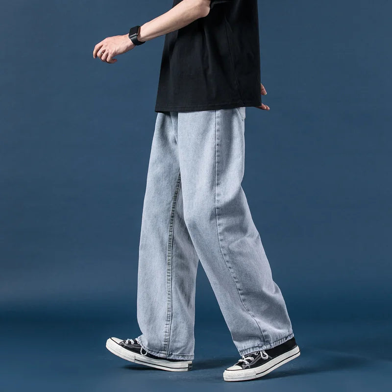 saferido Autumn Winter Men's Wide Leg Denim Pants Korean Fashion Luxury Top Quality Baggy Jeans Men Elastic Waist Mop Daddy Trousers