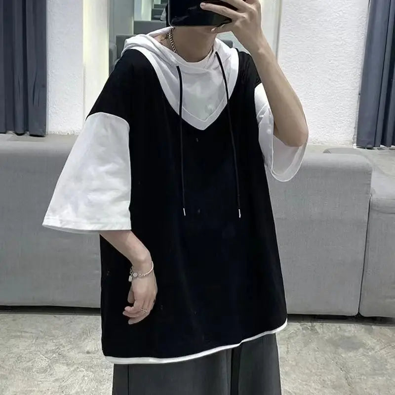 saferido Street Casual Fashion Loose Pullovers Patchwork T-Shirts Short Sleeve Man Spring Summer Thin Hooded Round Neck Men's Clothing