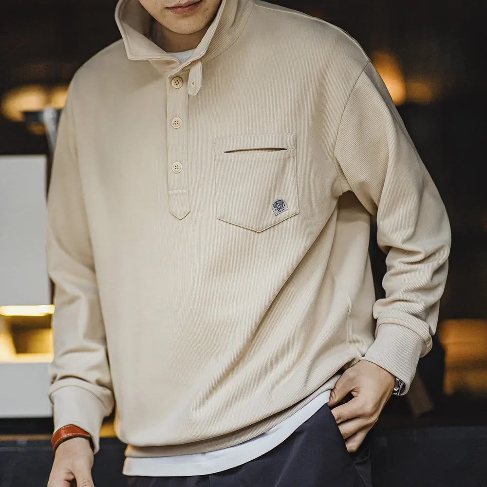 saferido Men's Half-Placket Sweatshirt American Retro Casual Polo Collar Shirt Cozy Style Lapel Pullover for Men Spring and Autumn