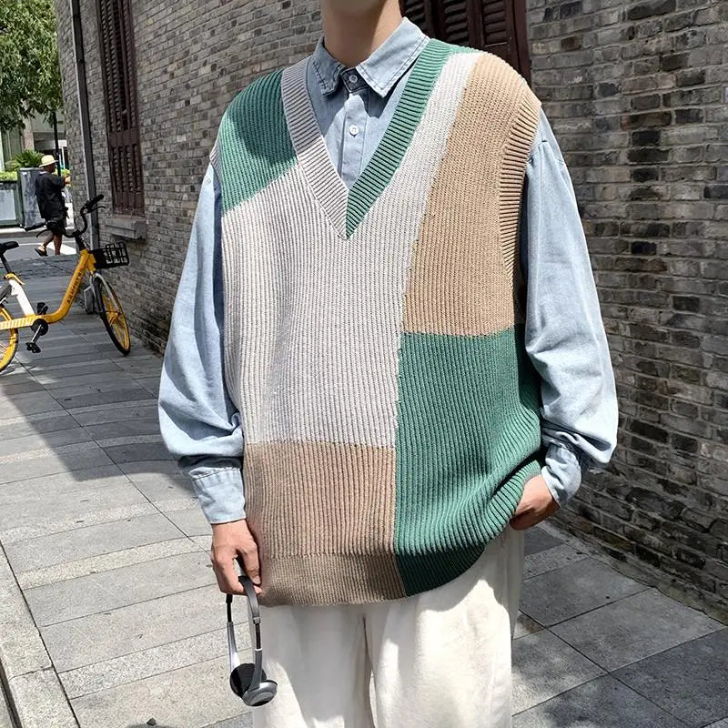 saferido Autumn New Sleeveless Knit Vest Geometric Pattern Pullovers Men's Cashmere Sweater Yellow Oversize Knitted Preppy Style Tops