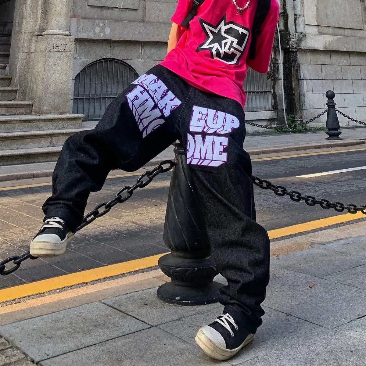 saferido Vintage American Y2K Fashion Print Broken Heart Style Slightly Ragged Casual Hip Hop Straight Leg Jeans Men