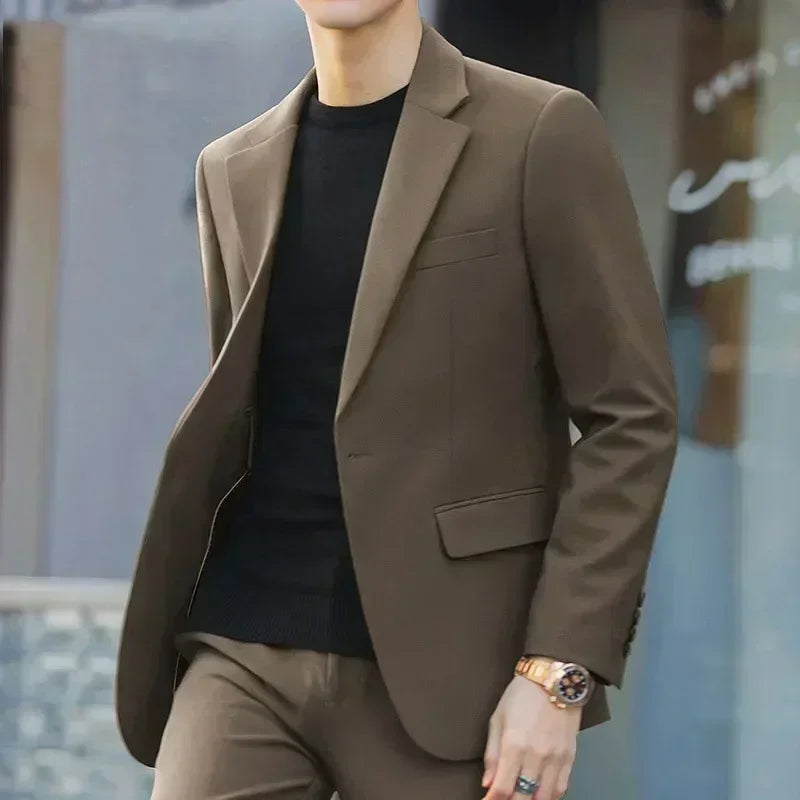 S-6XL Men's Business Casual Suit Korean Style Trendy Slim Fit 2 Piece Set Solid Color (Blazer+ Pants )Groom Wedding Dress Party