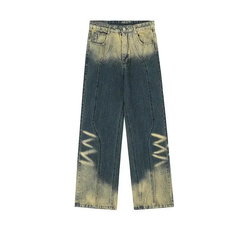 saferido American high street gradient washed old ripple jeans men and women loose straight pants tide senior Korean fashion sense pants