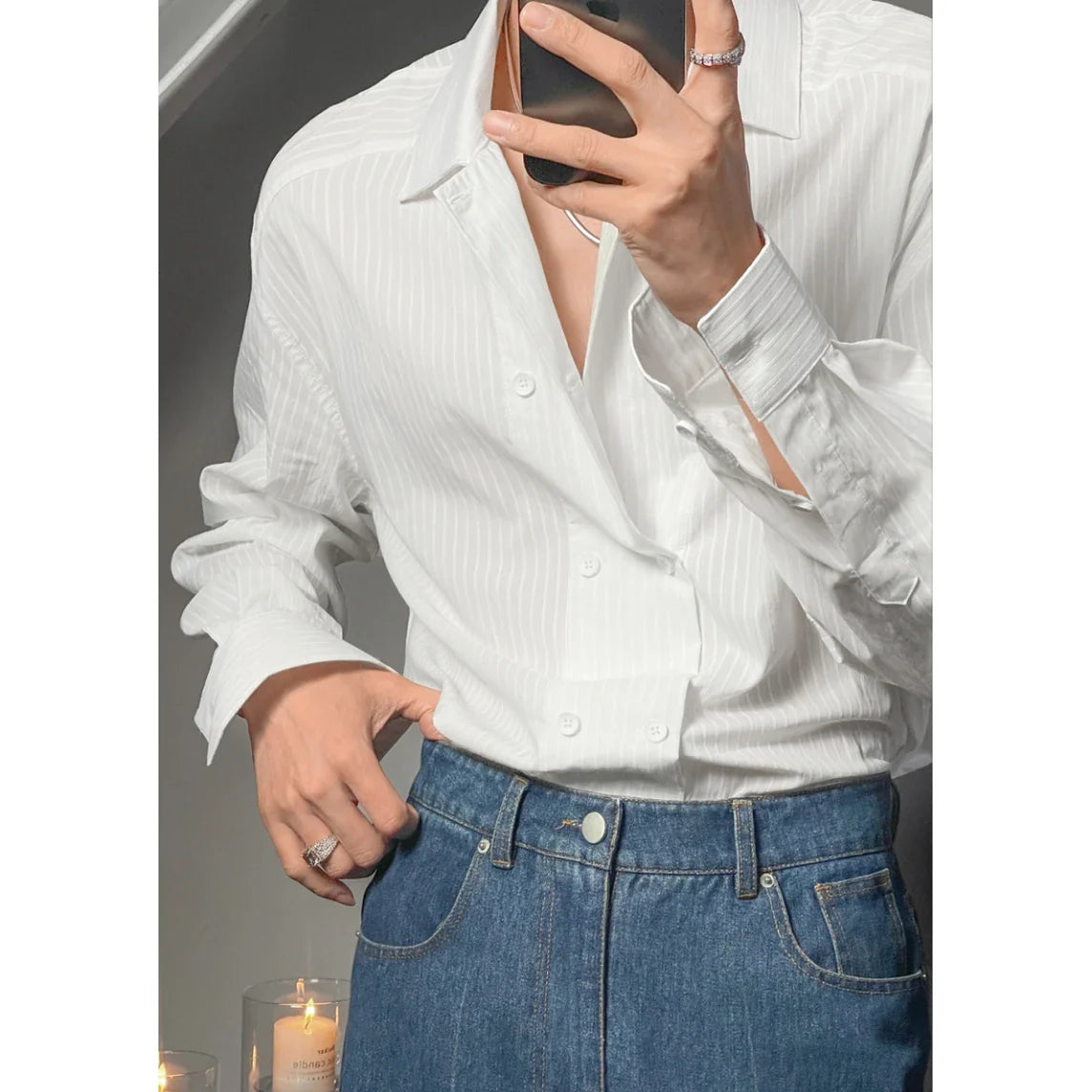 High-end Simple Striped Double Breasted Shirt for Men Autumn New Korean Style Trendy Solid Color Long Sleeves Men's Social Shirt