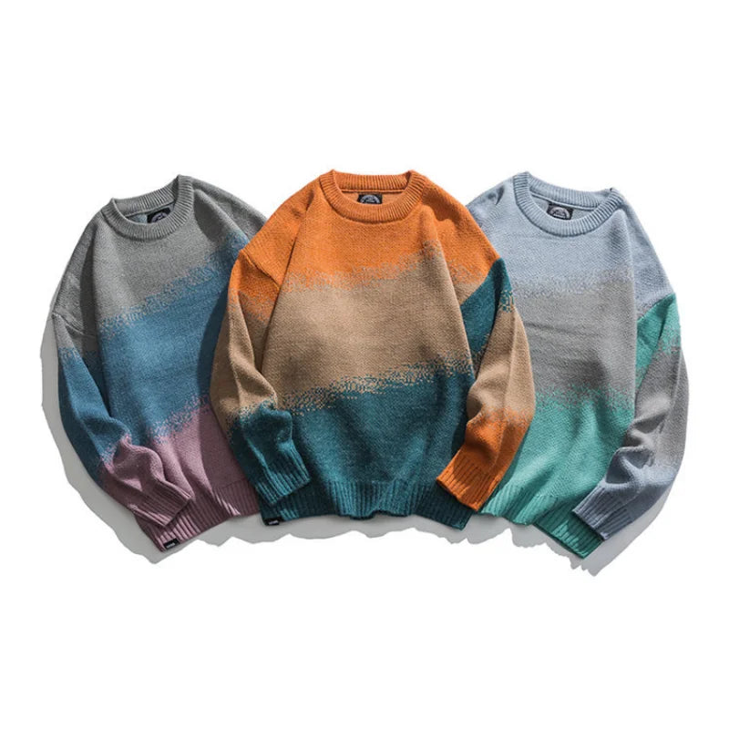 saferido Men's Knitted Vintage Graphic Sweater with Pattern Gradient Orange Pullovers Sweaters and Jumpers Male Korean Streetwear