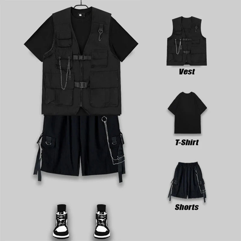 saferido Techwear Men's Shorts Set Tank Top Men Cargo Punk Rave Vest Male Shirt Streetwear Hip Hop Hippie Men Clothing Pockets