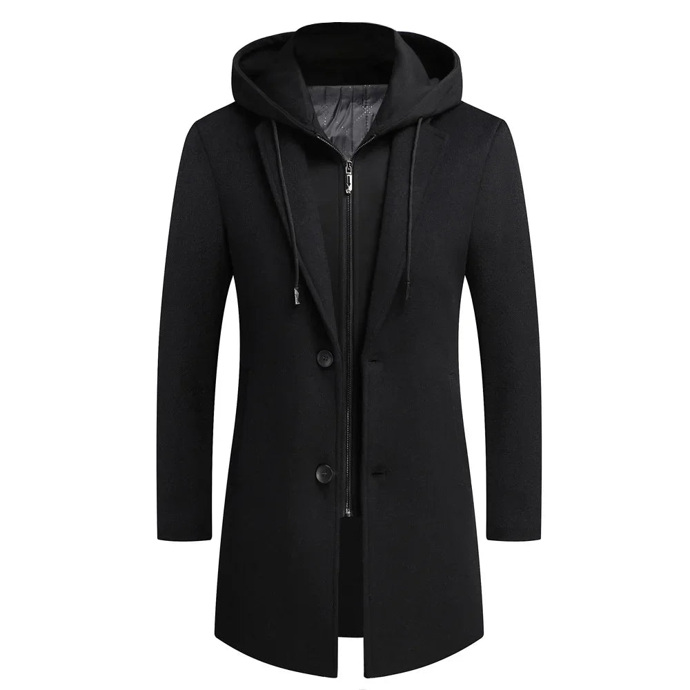 Men's Jacket Detachable Hooded Overcoat Tweed Overcoat Wool Casual Business Long Fall Winter New Thick Jacket Size M-4XL
