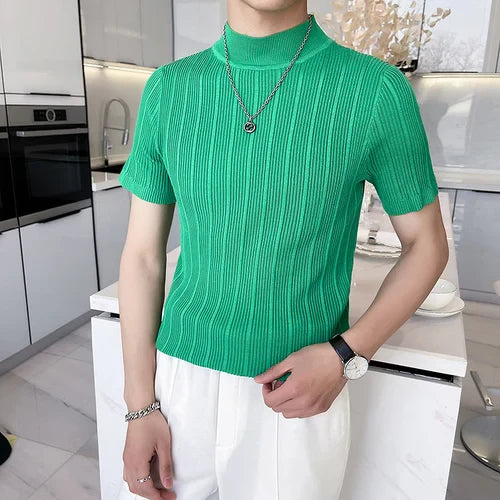 saferido Korean style Tees Men Summer Casual Knit T-shirts/Male slim fit stripe High neck knitting T-shirt 4XL