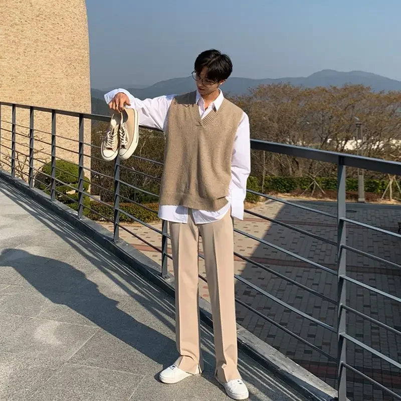 Man Clothes Smooth Solid Color Vest Plain Knitted Sweaters for Men Waistcoat Sleeveless Over Fit Knit Korean Fashion Warm Cheap