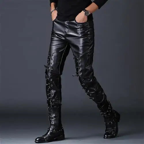 saferido Autumn New Korean Style Tethered PU Leather Pants Men's Pants Slim and Handsome Motorcycle Pants Casual Trendy Men's Pants