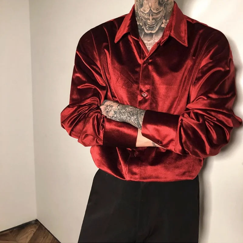 saferido Streetwear Fashion Men Satin Wine Red Shirt Spring Summer Lapel Long Sleeve Clothing Vintage Casual Loose Chic Versatile Tops