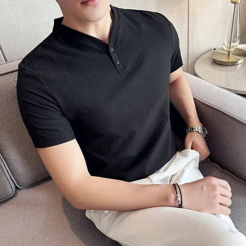 saferido Korean Style Men's Summer High Quality Casual Short Sleeve Knitted T-shirt/Male Slim Fit Fashion Ice Silk V-neck T-shirt S-4XL