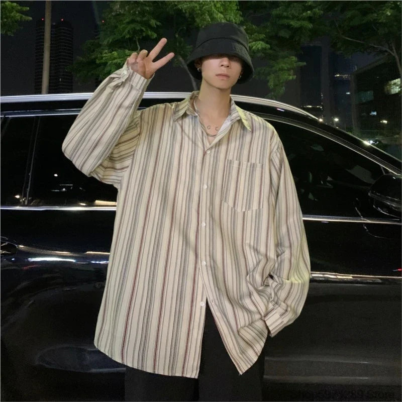 saferido Striped Loose Causal Long Sleeve Shirts Man Button Handsome Turn-down Collar Spring Autumn Office Men's Clothing Green