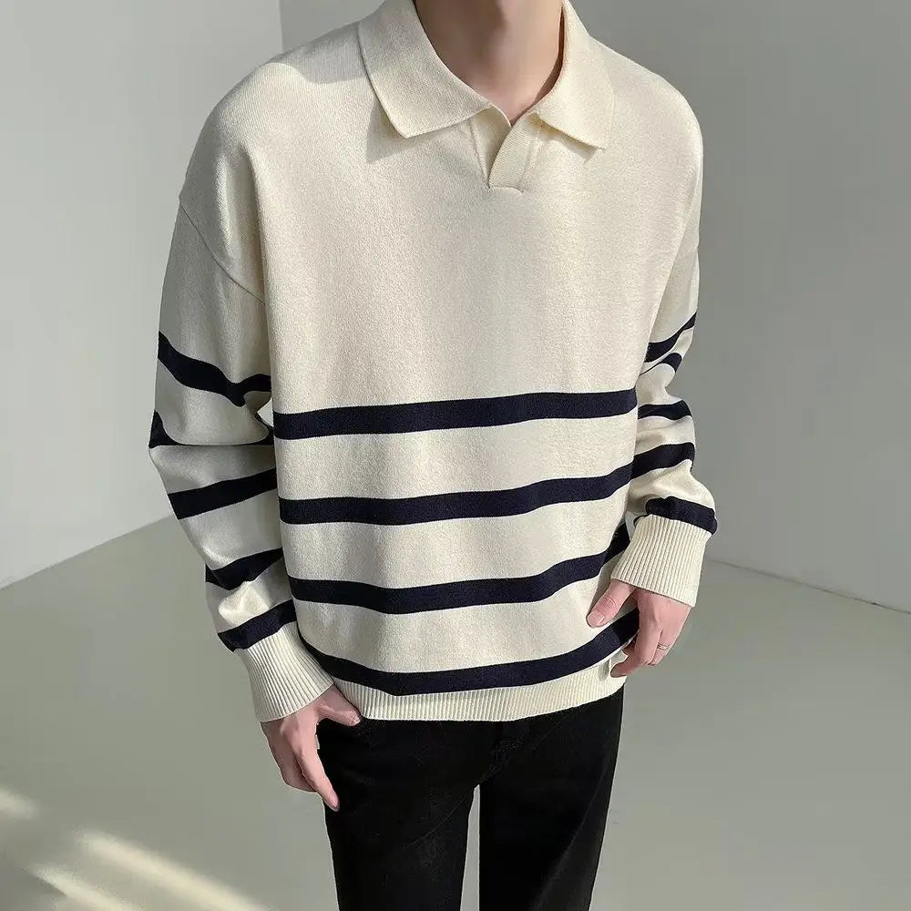Autumn Korean Style Contrast Striped Sweater Men's Lapel Button Casual Vintage Sweater Pullovers Long-sleeved Men's Sweater