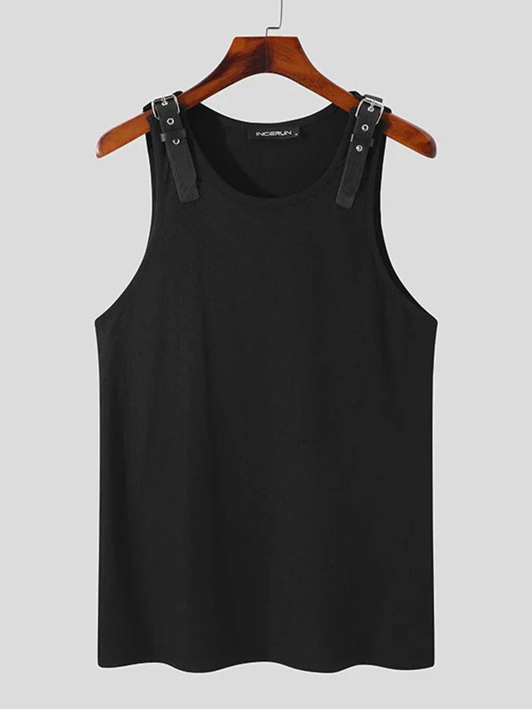 Men Tank Tops Solid Color PU Leather Button Sleeveless Streetwear O-neck Vests Summer Fashion Men Clothing S-5XL 7