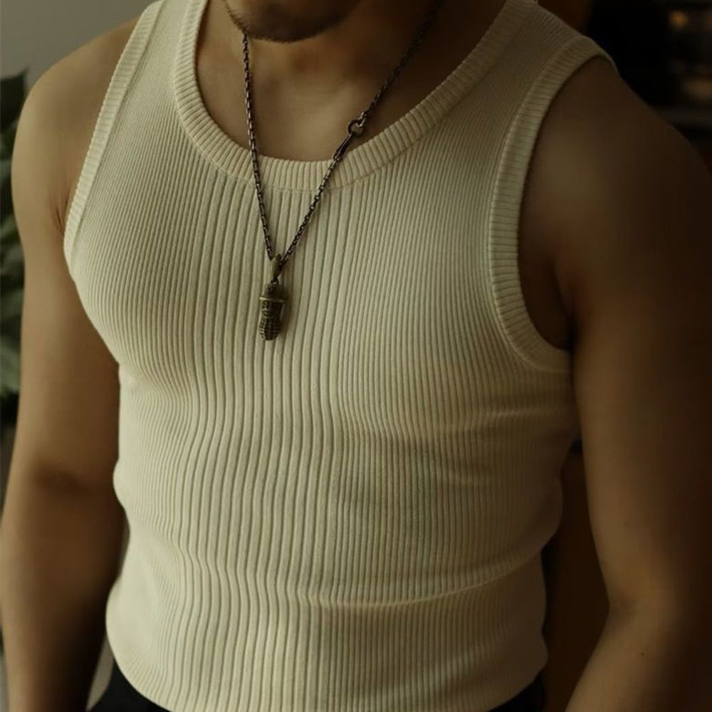 Man Streetwear Casual Solid Knitted Vest Sports Gym Bottoming Shirt Summer Ribbed Tank Top Male Slim Crew Neck Sleeveless Tees