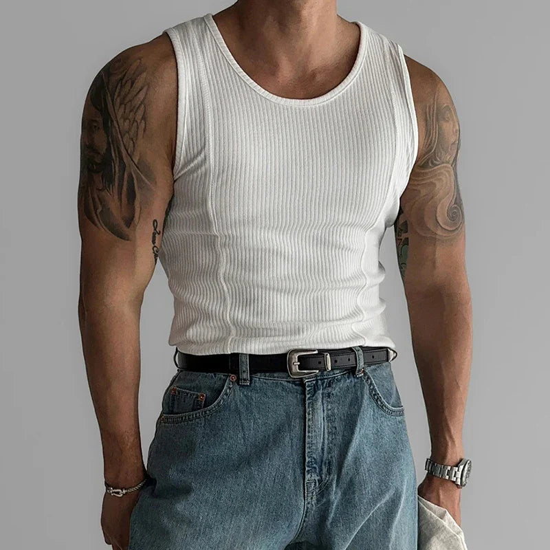 Summer Fashion Solid Color Ribbed Tank Tops Men Slim Elastic Sports Vest For Mens New Casual O Neck Straps Sleeveless Camisoles