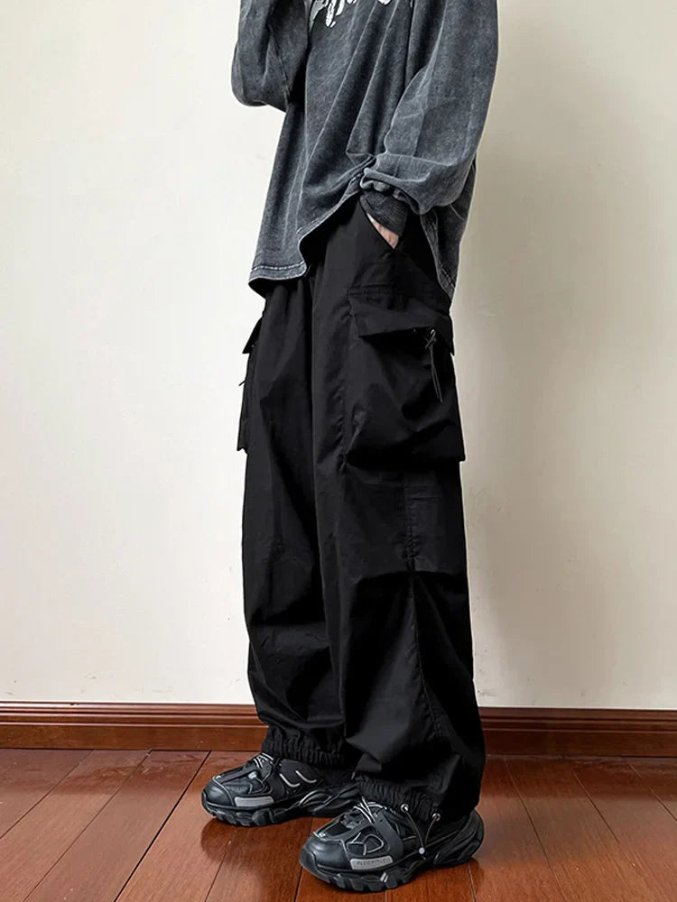 saferido Black samurai men's pants oversize pants high street fashion plush knickerbockers American straight charging overalls