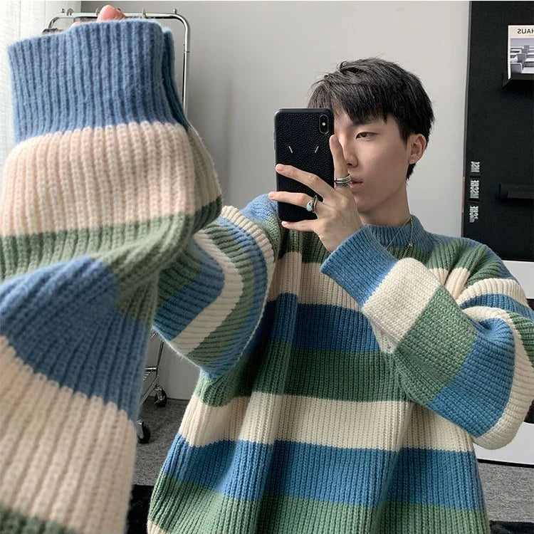 saferido Autumn Winter Sweater Men Pullover Korean Style Male Striped Sweater Loose Knitted Sweater Trend Thick Top Mens Clothing