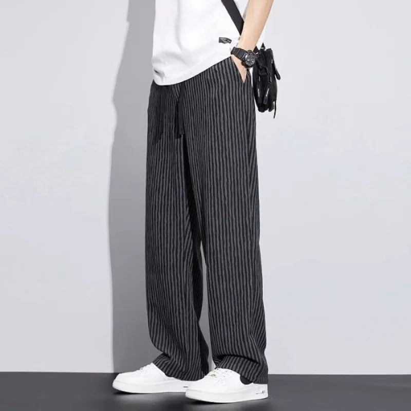 saferido Korean Version Streetwear Fashion Men Stripe Wide Leg Pants Summer Male Harajuku Loose Casual Elastic Waist Straight Trousers