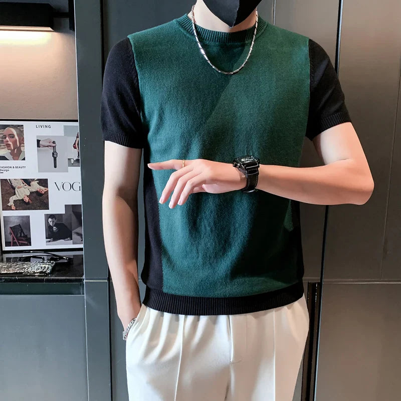 saferido Spring Autumn Men Cashmere Short Sleeve Sweaters Male Casual O-Neck Solid Color Chic Knitted Pullovers Tops 3XL-M