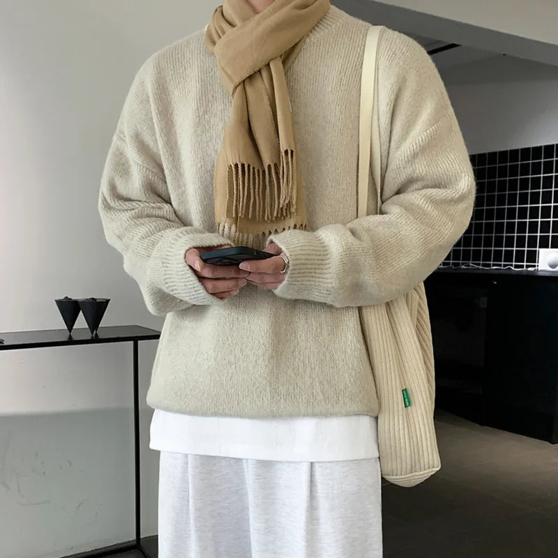 Winter Round Collar Mohair Solid Color Sweater Loose Korean Style Vintage Kintted Sweater Pullover Men Clothing