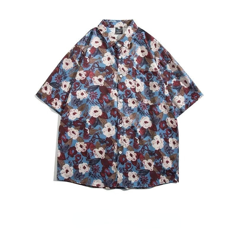 Couple Japanese Shirt Harajuku Oversized Short Sleeve Shirt for Men Women Hawaiian Print Flower Shirt Geometric Streetwear