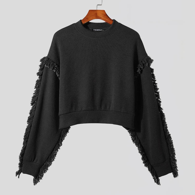 Korean Style New Men's Pullover Design Solid All-match Sweatshirts Tassels Trimmed Long Sleeved Sweaters S-5XL