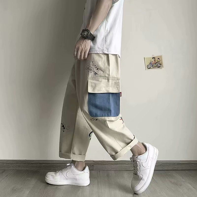 Khaki Cargo Pants with Print Baggy Loose Casual Trousers Male Summer Cotton Korean Streetweer Harajuku Cartoons Graffiti