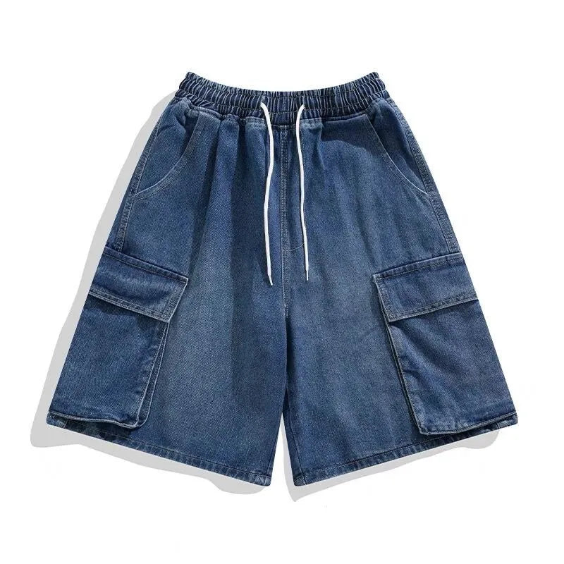 saferido Summer Denim Shorts Men Oversized Vintage Pocket Cargo Shorts Men Japanese Streetwear Hip Hop Loose Wide Leg Shorts Mens Jeans