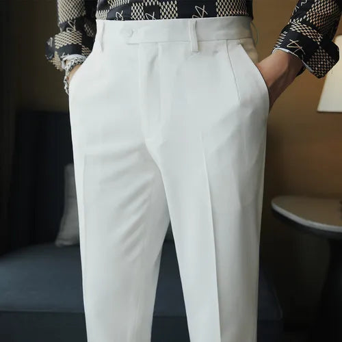 saferido Men Spring Summer Belt Decoration Casual Ankle Length Pants Fashion Slim Fit Suit Pants Streetwear Social Business Trousers