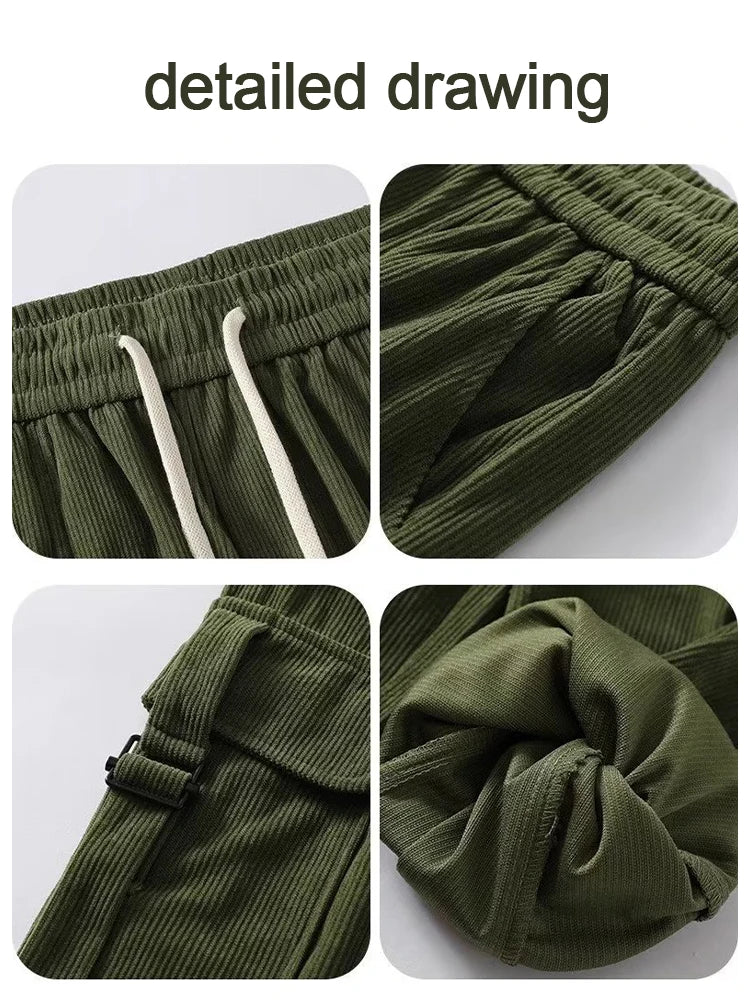 saferido Corduroy Cargo Pants Men Oversize Wide Leg Cargo Trousers Male Streetwear Hip Hop Harajuku Green Loose Japanese Vintage