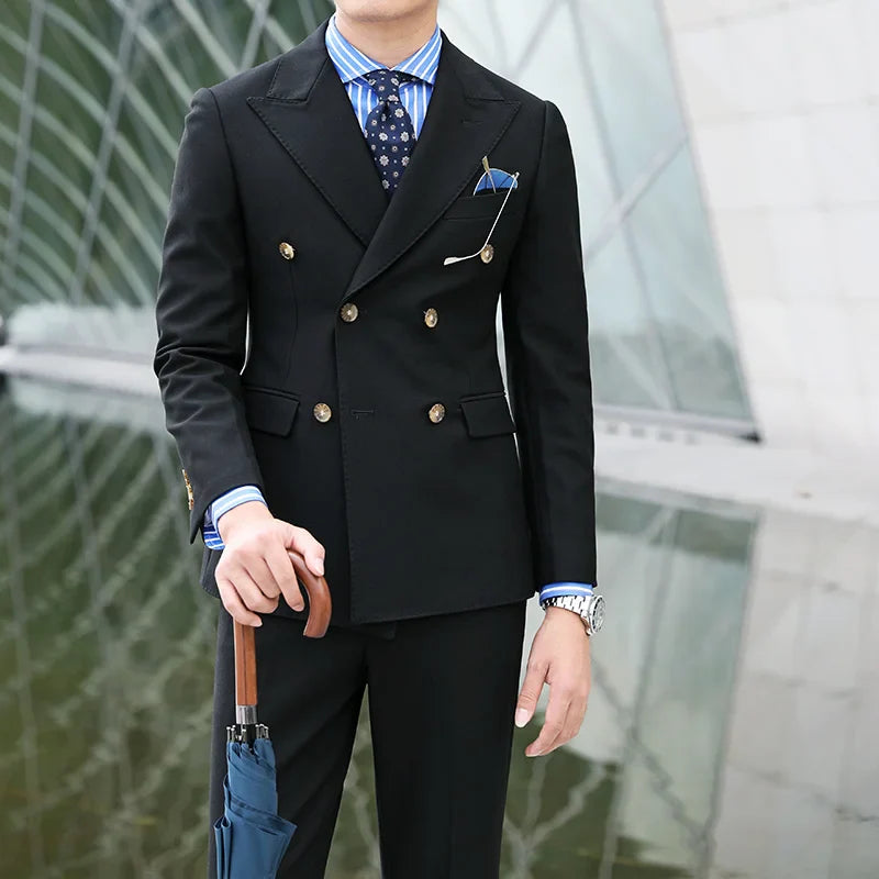 saferido British Double Breasted Formal Dress Suit Men Black Smoking Homme Mariage Suit Fashion Groom Men Suit Slim Fit Business Tuxedos