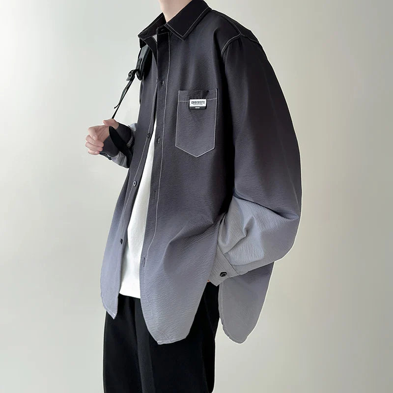 saferido Men's shirt Gradient Plicated Long Sleeve Shirts Loose Korean Shirt Fashion Casual Oversize Shirt Coat High Quality Clothing