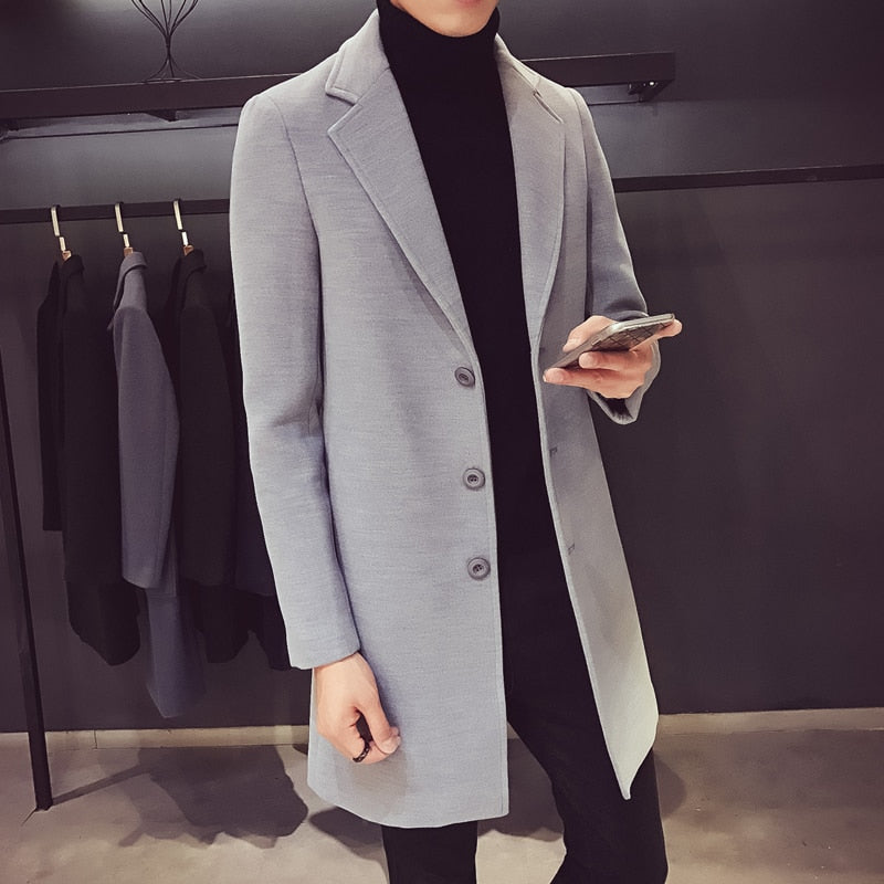Men Long Cotton Coat Autumn Winter New Wool Blend Pure Color Casual Business Fashion Slim Windbreaker Jacket Men Clothing