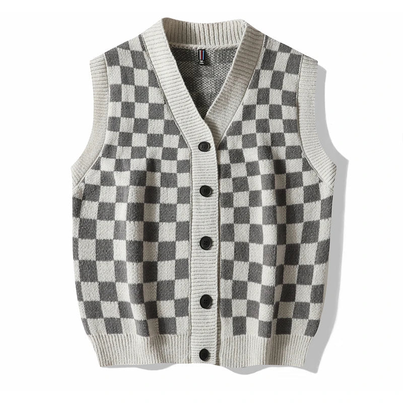 Men's Plaid Sweater Vest Sleeveless V-Neck Button Cardigan Vest Fashion Office Knitted Vest Classic Fit Tank Tops