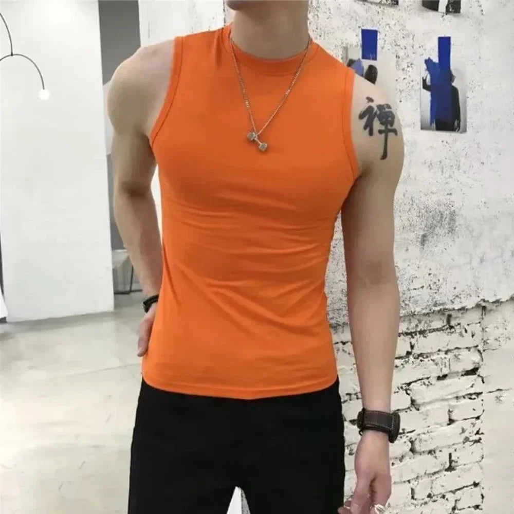 saferido Summer Vest Men's Trend Tight Stand Collar Sleeveless Sexy T-shirt Top American Slim Fitness Stretch I-word Vest Bottoming Shirt