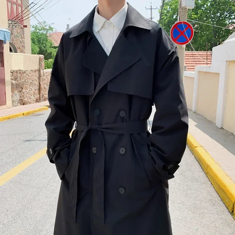 saferido Korean Style Trench Men Coat Trendy Streetwear Windbreaker Trenchcoat Solid Business Casual Streetwear Loose Long Overcoat
