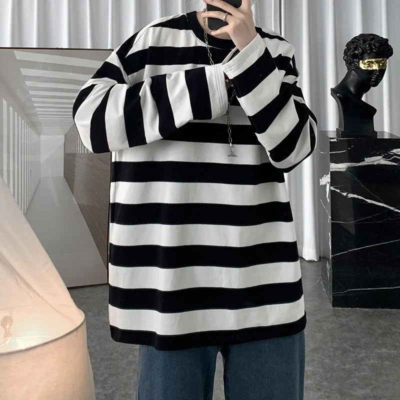 saferido Spring Mens Stripe Tops Tees Harajuku Long Sleeve T Shirts Casual High Quality Unisex Tshirt