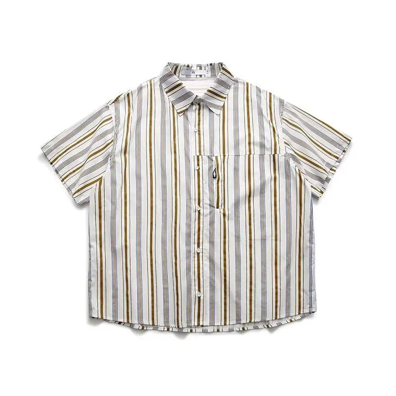 Summer Street Mens Two Piece Set Retro Striped Pocket Shirt+casual Wide Leg Tooling Shorts Sets Japanese College Couple Set