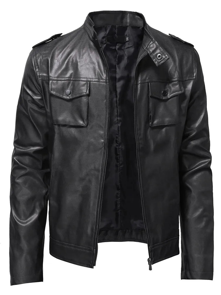 Autumn Business Men's Leather Jackets Motorcycle Bike Streetwear Clothing Men Stand Collar Pocket Zipper Overcoat Man