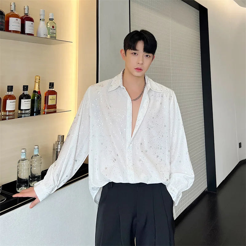 saferido Spring New Male Casual Chiffon Shirts Men's Lapel Niche Desgin Shirt Long Sleeve Shirt Male Stage Show Dress Shirt