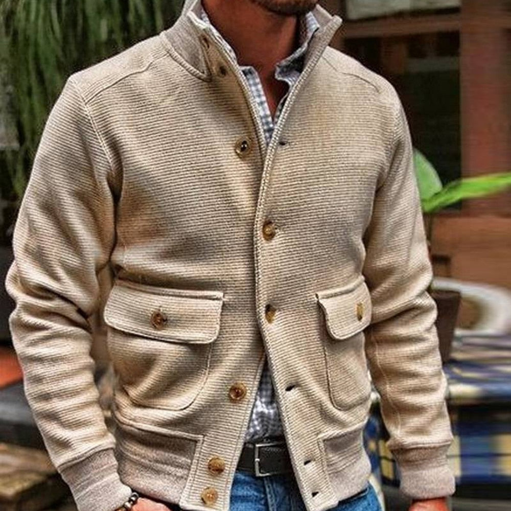 Men Jacket Knitted Button Closure Solid Color Single-Breasted Streetwear Autumn Winter Stand Collar Suit Coat For Daily Wear