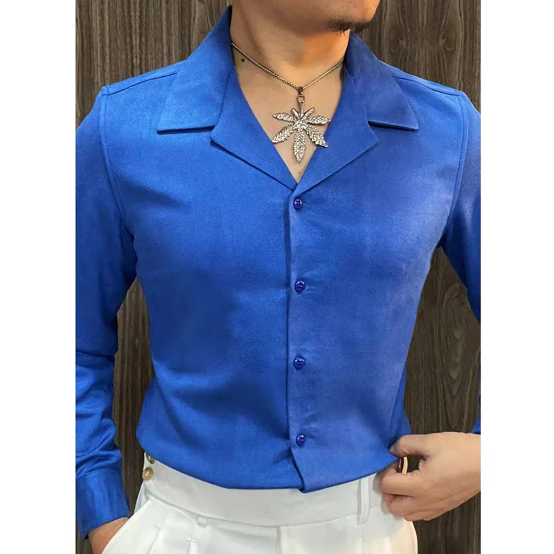 saferido Spring Cuban Collar Casual Long Sleeve Shirt For Men British Luxury Solid Color Shirt Business Formal Dress Shirt Camisa Hombre