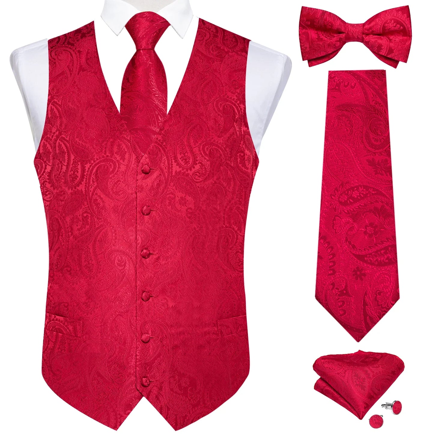 Men Black Paisley Vest Necktie Bowtie Pocket Square Cufflinks Dress Set Classic 5 PCS Business Waistcoat for Man