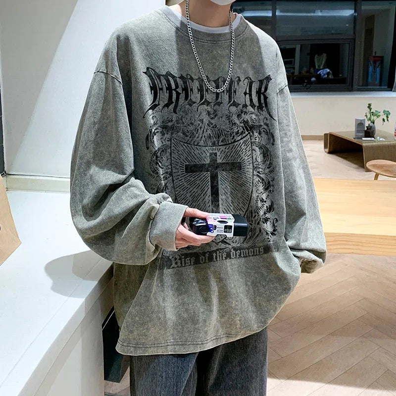 saferido Spring Autumn New Men's Loose Sweatshirt Gothic Wear American Printed Long-sleeved Tshirt Hip Hop Round Neck Sweatshirts