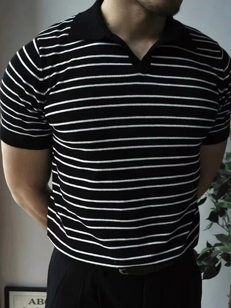 Vintage Striped Knit Polo Shirts Men Short Sleeve Casual Tops Spring Summer Mens Fashion Buttoned Turn-down Collar Slim T Shirt
